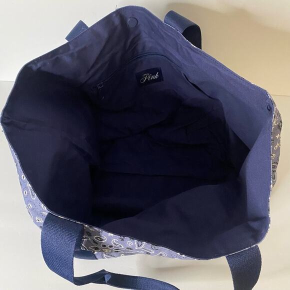 PINK Victoria's Secret Tote Bag Blue Bandana Print Large Travel Beach Carry All - Picture 6 of 14